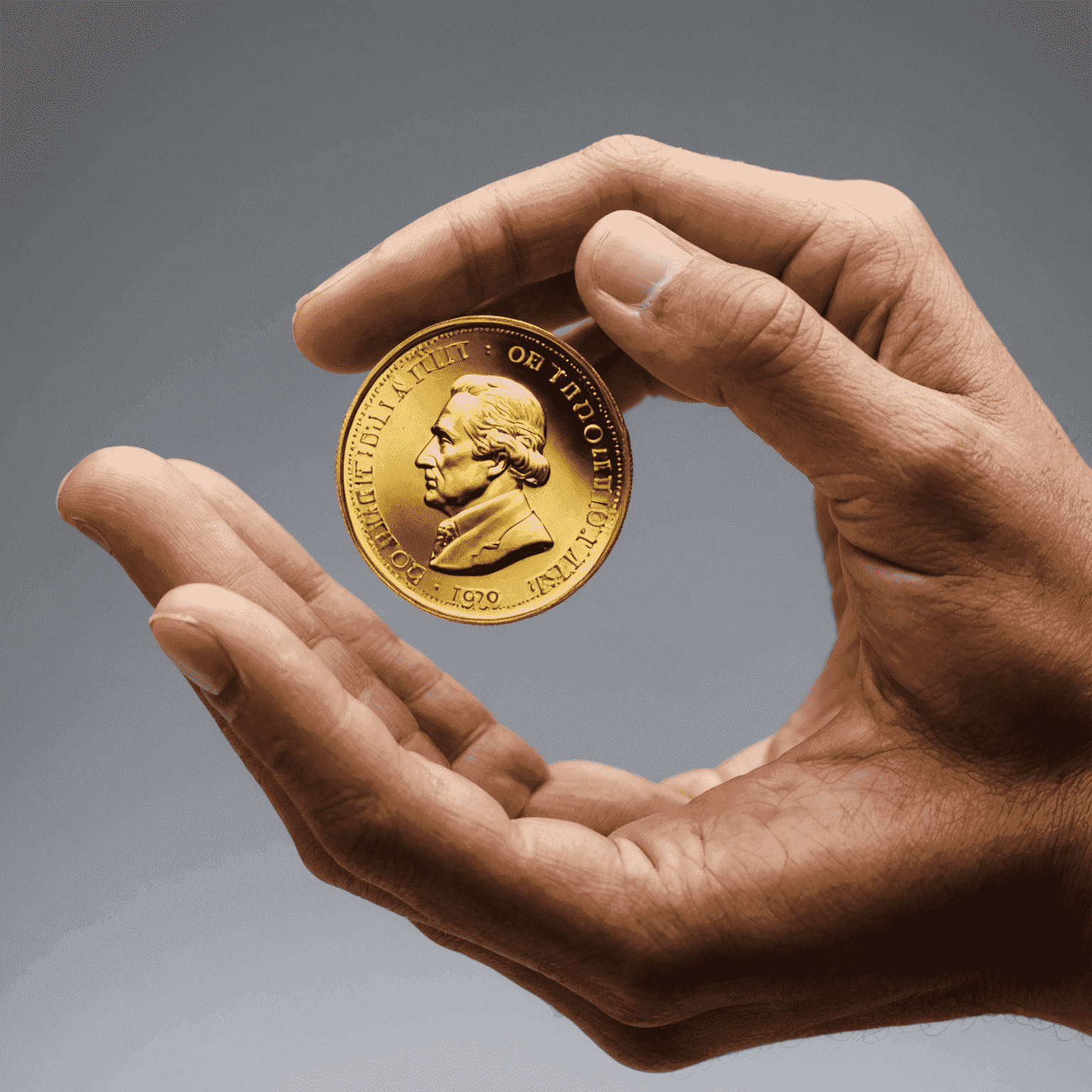 A person holding a gold coin, representing the various ways to invest in gold, such as physical bullion, ETFs, and mining stocks.